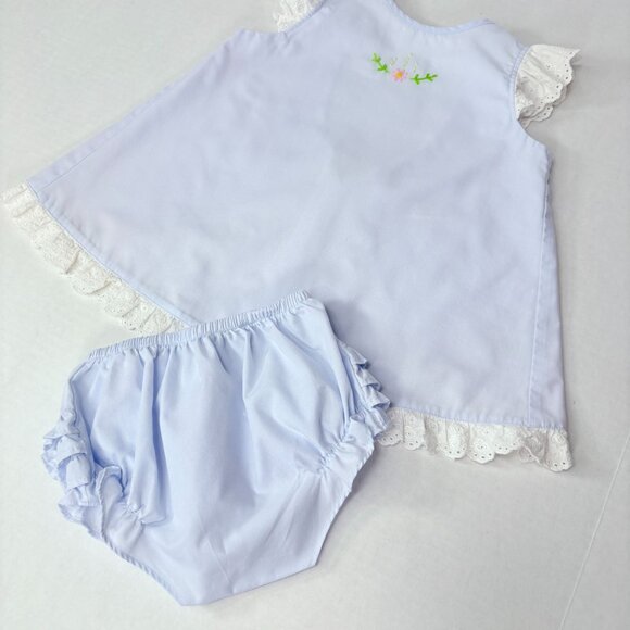 Proper Peony Blue Embroidered Open Swing Back Matching Ruffle Outfit Set 2T - Picture 14 of 16